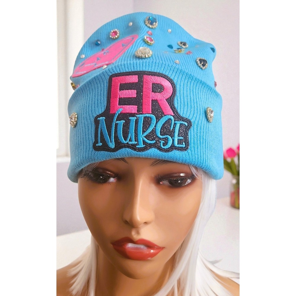 ER Nurse Beanie Blue design with Logo, Blue, Pink, Black and Clear rhinestones‎